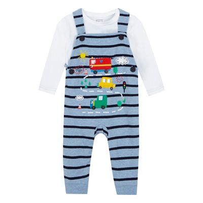 bluezoo Baby boys' blue vehicle applique dungarees and top set